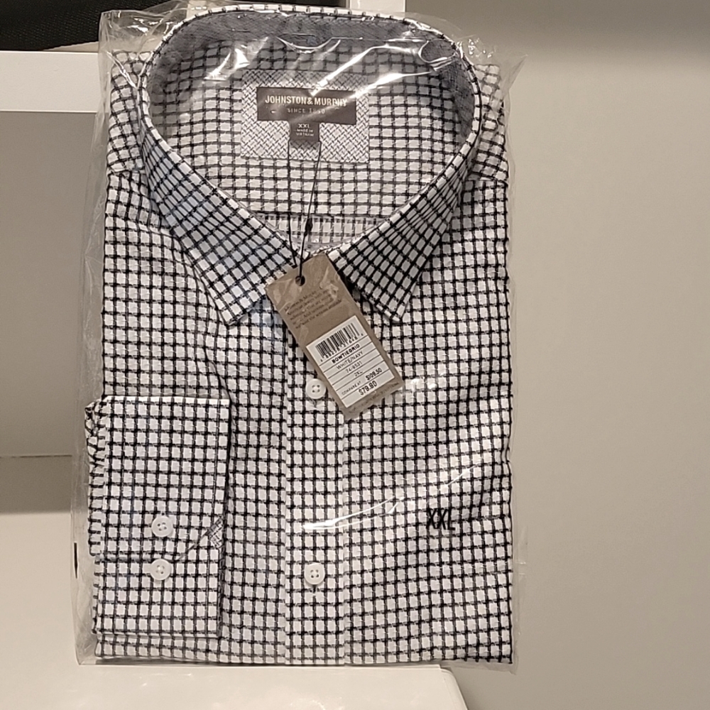 Johnston & Murphy XXL Navy and White Bowtie Grid Long Sleeved Men's Dress Shirt
